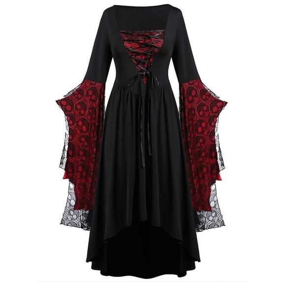 FASHIONWT Women Plus Size Square Neck Long Sleeve Skull Lace Tie Contrast Patchwork Irregular A-Line Midi Loose Dress