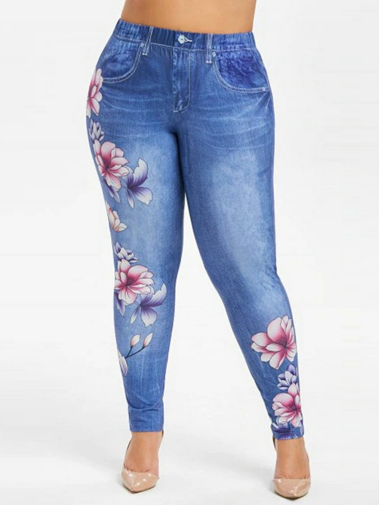 High Waist Blue Butterfly And Floral Print Jeggings - Entire Sale