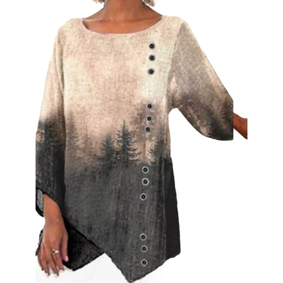 FASHIONWT Women Plus Size Vintage Print Ragged Hem Wrist Retro Casual T-Shirt Top