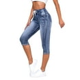 thumbnail image 1 of FASHIONWT Women Polycotton Denim Jeans Drawstring Torn Ripped Calf Length Pants, 1 of 5