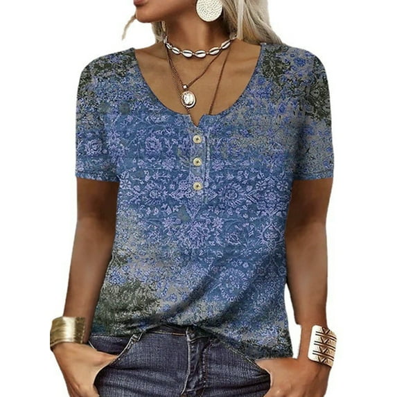 FASHIONWT Women Prairie Chic Graphic Henley Button Tee Short Sleeve Summer Casual T-Shirts