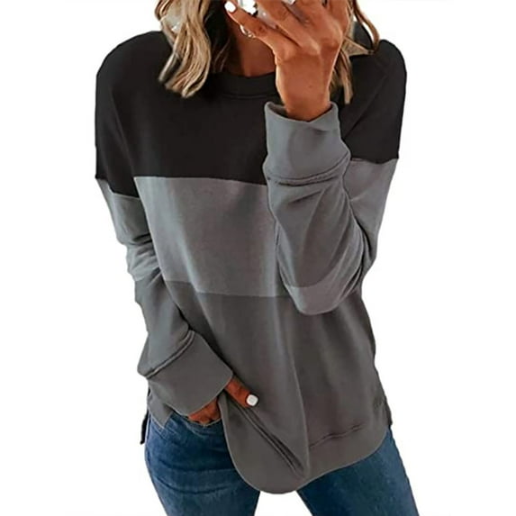 FASHIONWT Women Print Round Neck Long Sleeve Base Top Loose Casual T-Shirt