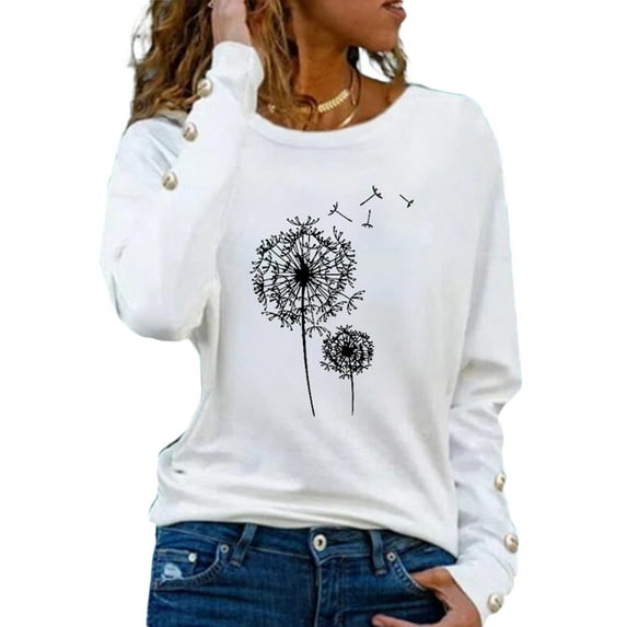 FASHIONWT Women Printed Loose Button Decoration Tops Pullover Round Neck Long Sleeve T-Shirt