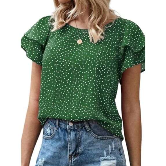 FASHIONWT Women Pullover Crewneck Ruffles Short Sleeve Summer Polka Dot Party T-Shirt
