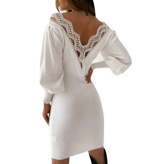 FASHIONWT Women Retro Bishop Sleeve Sexy Backless Cutout Mini Sheath Dress