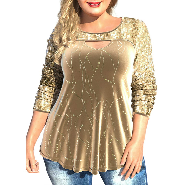 FASHIONWT Women Round Neck Hollow Long-Sleeved Plus Size T-Shirt Slimming  Sequin Formal Dressy Tops