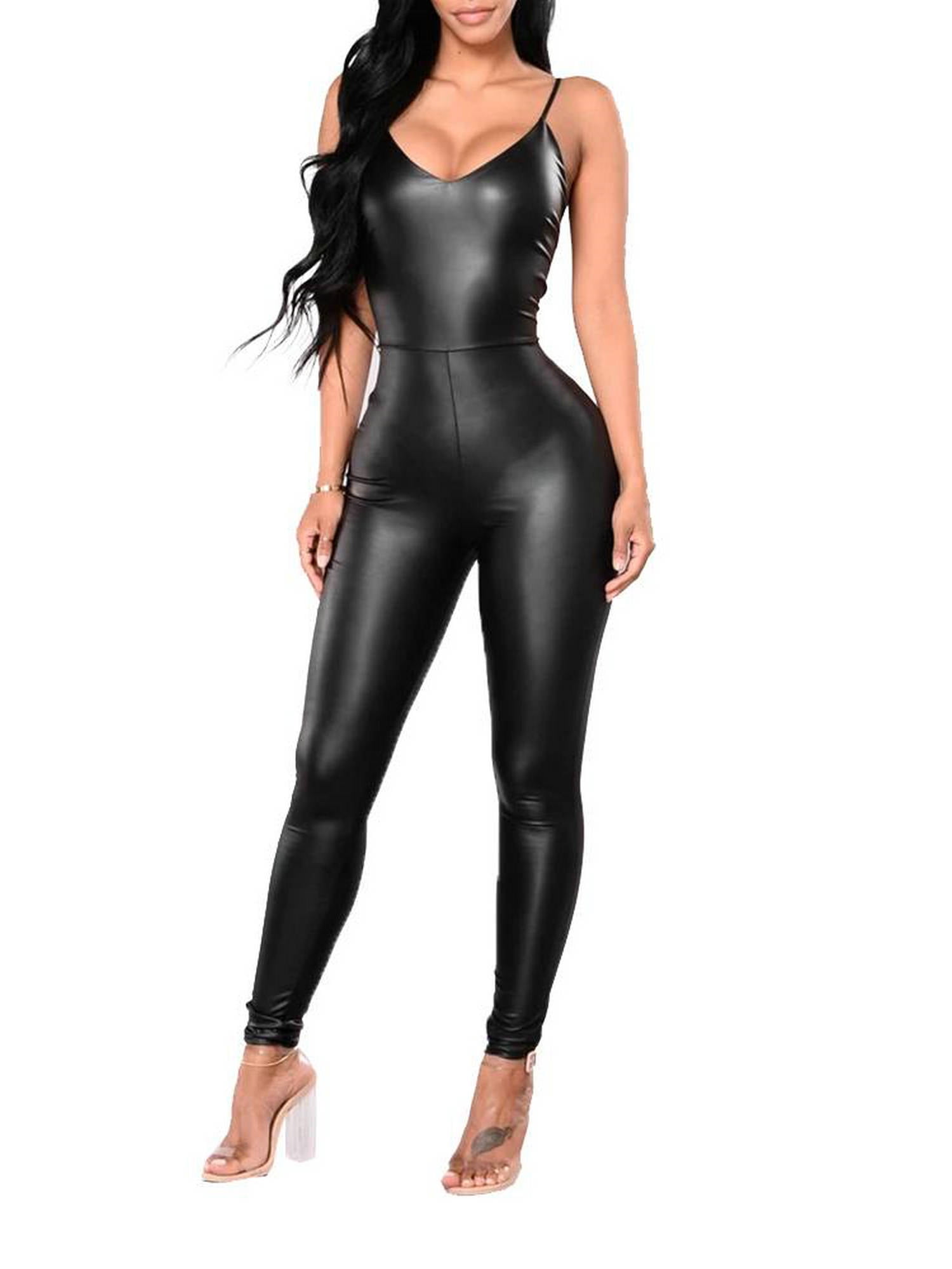 FASHIONWT Women Sexy Punk Faux Leather Zipper Full-length Skinny Strappy  Strap Jumpsuit 