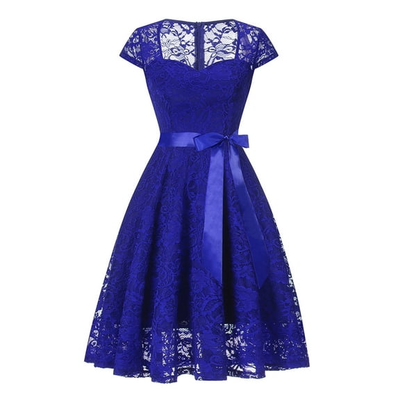 FASHIONWT Women Sexy Short Sleeve Lace Patchwork Retro Swing Dress