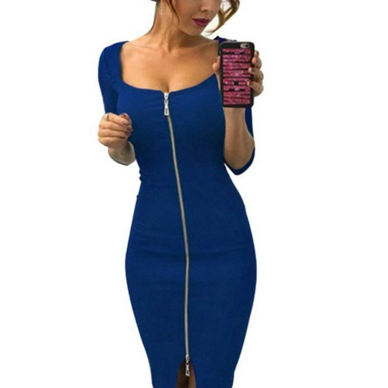 FASHIONWT Women Sexy Square Neck Vintage Dress Solid Color Casual Zipper Dress