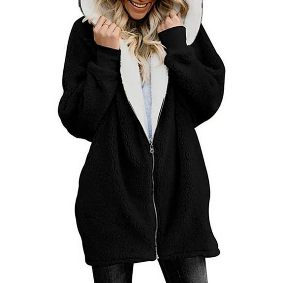 FASHIONWT Women Soft Warm Fuzzy Hoodies Outwear Full-zip Shaggy Fannel Coat