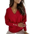 thumbnail image 1 of FASHIONWT Women Solid Color Knit V-Neck Long Sleeve Casual Button Top, 1 of 4
