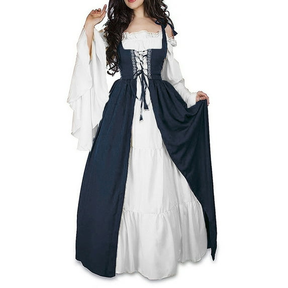 FASHIONWT Women Solid Draw String Flared Sleeve Retro Long Dress