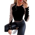 thumbnail image 1 of FASHIONWT Women Striped Leopard Panel Slim Top Button Crew Neck T-Shirts, 1 of 4