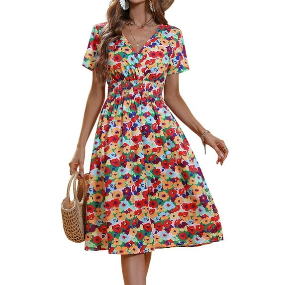 FASHIONWT Women Summer Bohemian Beach Dress V-Neck Short Sleeve Floral Bandage Dress