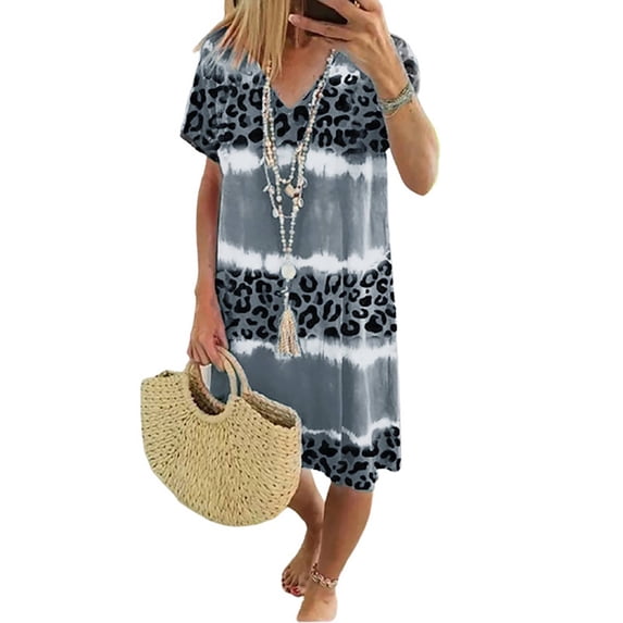FASHIONWT Women Summer Code Size Sexy Leopard Print Casual Midi Dress