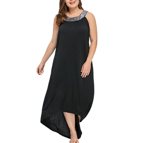 FASHIONWT Women Summer Sequined Sleeveless Plus Size Trapeze Long Dress