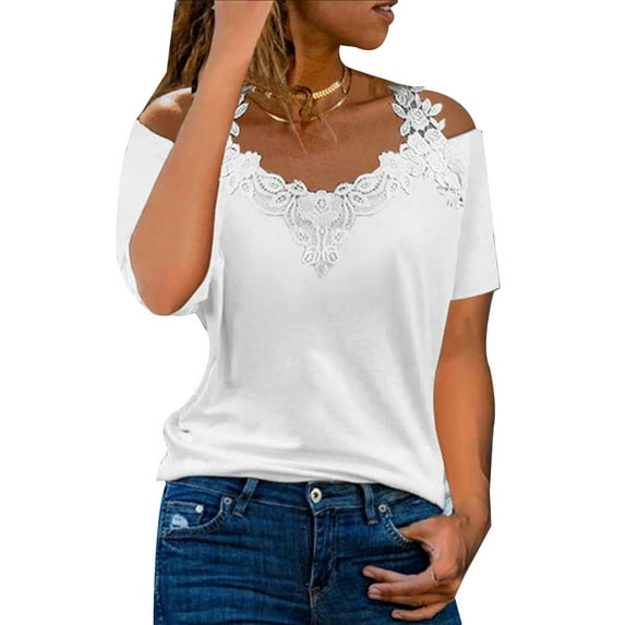 FASHIONWT Women Summer Solid Lace Pullover Fashion Cold Shoulder Sleeve T-Shirt