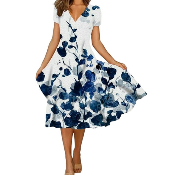 FASHIONWT Women Summer Vacation Short Sleeve V-Neck Swing Knee-Length Dress