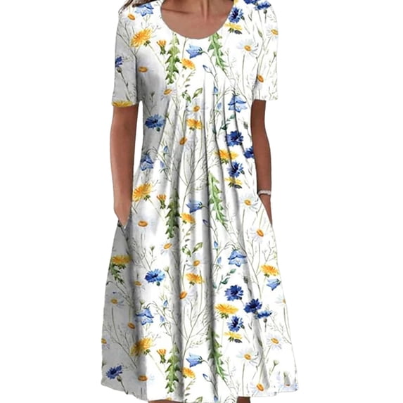 FASHIONWT Women Vintage Easter Printed Short Sleeve Crewneck Midi Pockets Dress