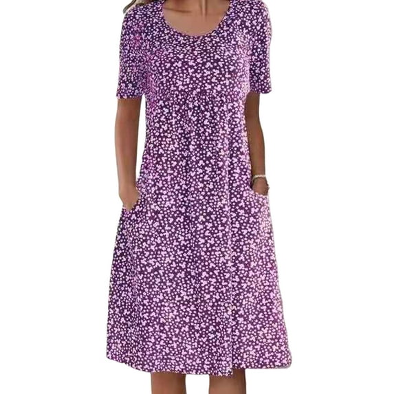 FASHIONWT Women Vintage Easter Printed Short Sleeve Crewneck Midi Pockets Dress