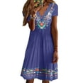 thumbnail image 1 of FASHIONWT Women Wave Trim Collar Ethnic Knee Length Skirts V-Neck Print Beach Dress, 1 of 4