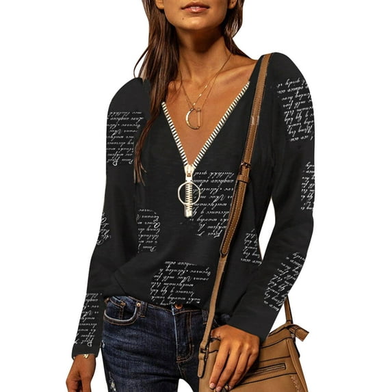 FASHIONWT Women Zip V-Neck Print Long Sleeve Tunic Casual Top