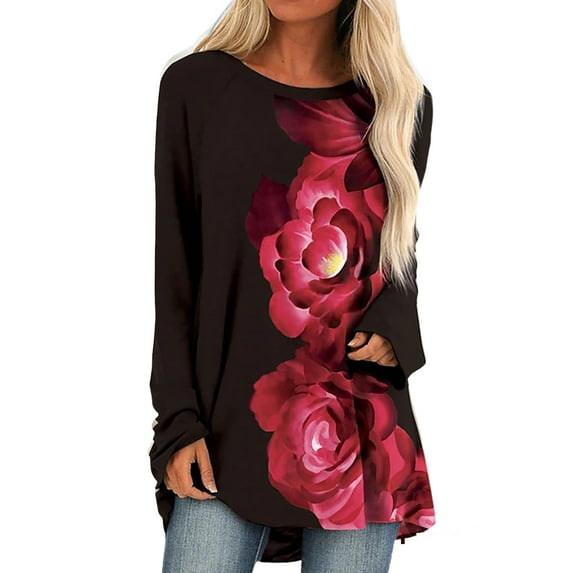 FASHIONWT Women's Colorful Printed Long Sleeve Round Neck Tops Loose Casual Flowvy T-Shirt