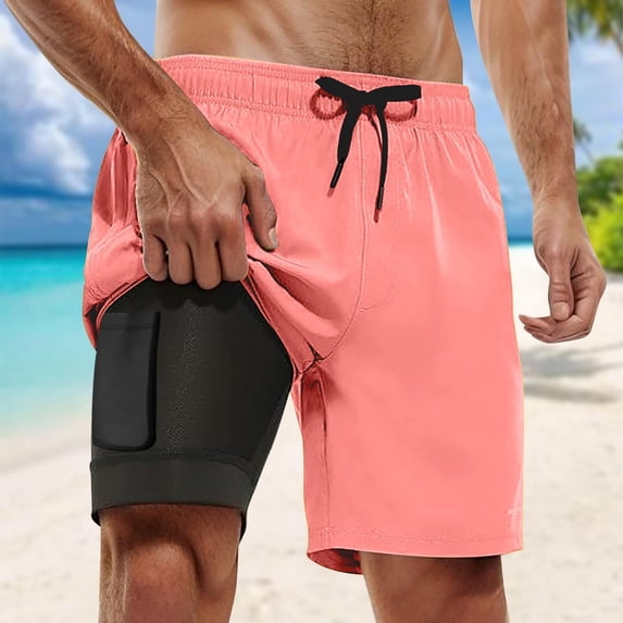 FASHOFT 2 in 1 Mens Swim Trunks with Compression Liner 7 Inch Breathable Quick Dry Board Shorts with Pockets for Summer Beach Gym Running Pink XL