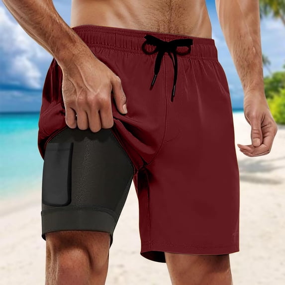 FASHOFT 2 in 1 Mens Swim Trunks with Compression Liner 7 Inch Breathable Quick Dry Board Shorts with Pockets for Summer Beach Gym Running Wine M