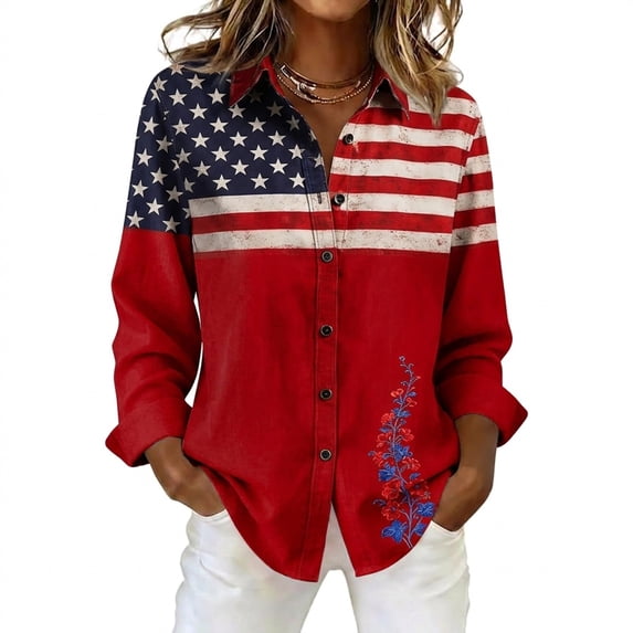 FASHOFT 250 Anniversary USA Shirt for Women Patriotic Long Sleeve Button Down Shirts 4th of July T-Shirts Red L