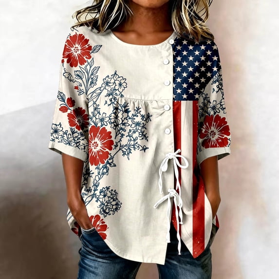 FASHOFT 250th Anniversary USA Linen Shirt Women American Flag Print Summer Casual 3/4 Sleeve Shirt Tie Blouse Top Independence Day Outfits Beige L
