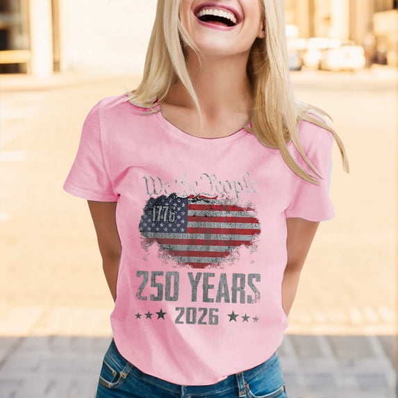 FASHOFT 250th Anniversary USA Shirt for Women 1776-2026 Patriotic American Flag Crew Neck T-Shirt July 4th Graphic Tee Pink S
