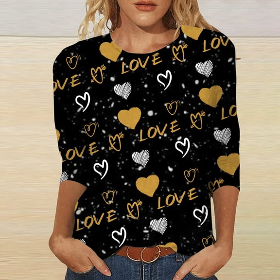 FASHOFT 3/4 Sleeve Crew Neck T-Shirts for Women Valentinas Day Spring Shirts Love Heart Graphic Tee Tops Black L