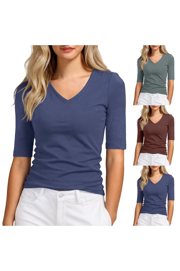 3/4 Sleeve T-Shirt Women Top Base Layer Inner Spring Fall Stretch Slim Fit Blouse Versatile Coffee S