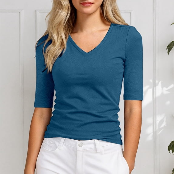FASHOFT 3/4 Sleeve T Shirts for Women V Neck Slim Fit Base Layer Inner Shirt Summer Tops Navy L