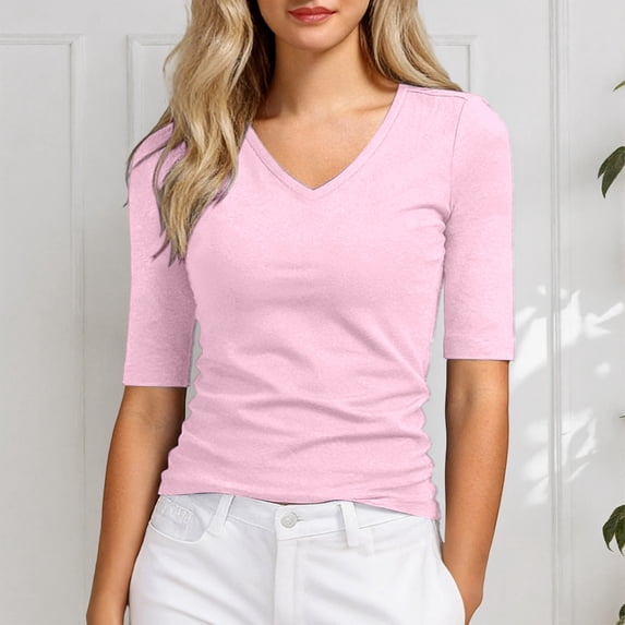 FASHOFT 3/4 Sleeve T Shirts for Women V Neck Slim Fit Base Layer Inner Shirt Summer Tops Pink XXXXXL