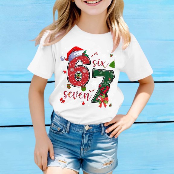 FASHOFT 67 Christmas Shirt Kids Six Seven Meme Tshirt for Boys Girls Funny 6 7 Xmas Holiday Graphic Tees Shorts Sleeve Crewneck T-Shirt White