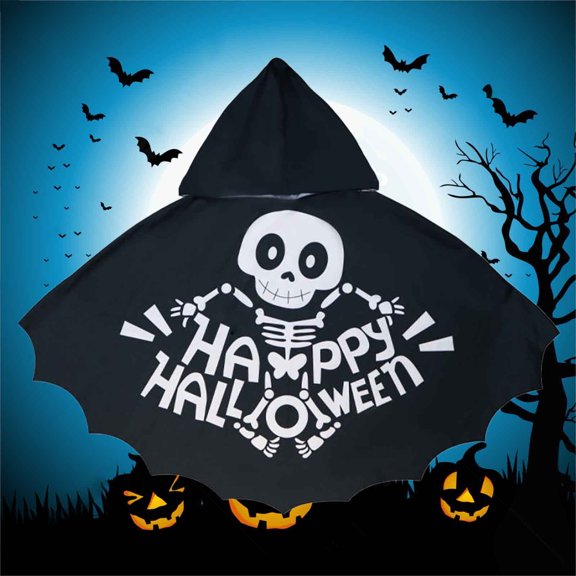 FASHOFT Adult Halloween Costumes Happy Skeleton Hooded Cape Cloak Funny Skull Print Cosplay Outfit Party Stage Performance Novelty Fancy Dress Up Halloween Costume One Size