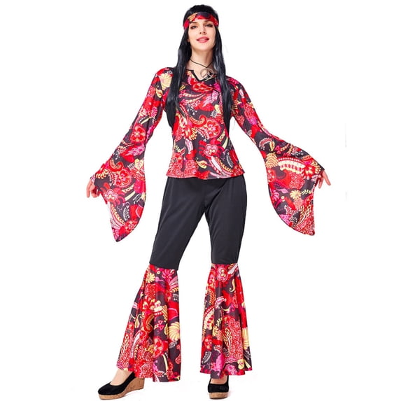 FASHOFT Adult Hippie Halloween Costumes Retro Cosplay Outfit Set Vintage Theme Party Stage Performance Fancy Dress Up Halloween Costume L