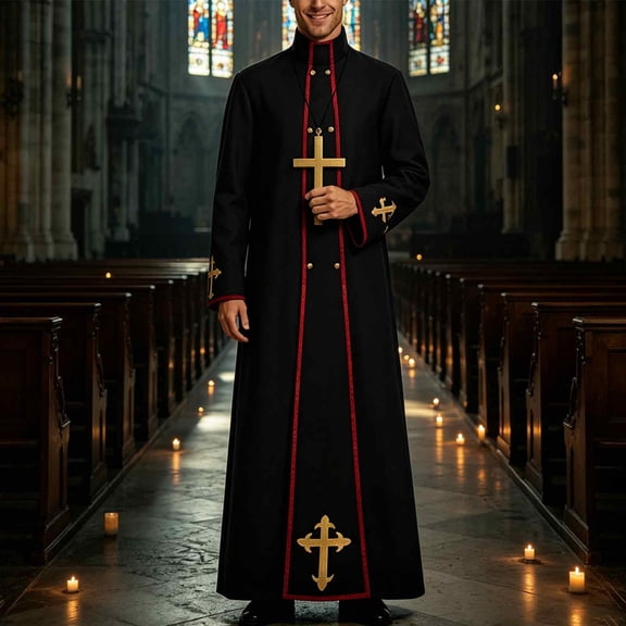 FASHOFT Adult Priest Vampire Halloween Long Robe Cosplay Set Gothic Count Role Play Masquerade Party Stage Performance Fancy Dress Up Halloween XXL