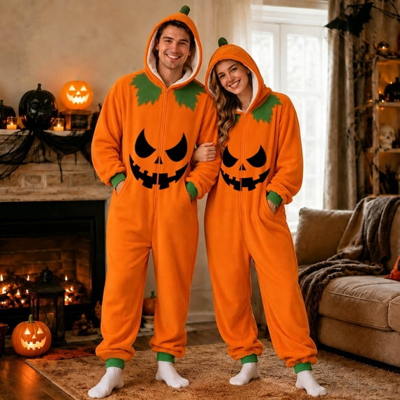 FASHOFT Adult Onesies for Women Men Pumpkin Flannel Halloween Jumpsuit for Cosplay Party Dress up Hooded Soft Loungewear Orange L