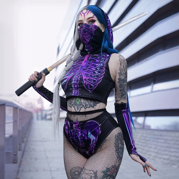 FASHOFT Adult Purple Skeleton Halloween Two Piece Set Digital Print Tight Bodysuit Cosplay Outfit Party Stage Performance Fancy Dress Up Halloween L