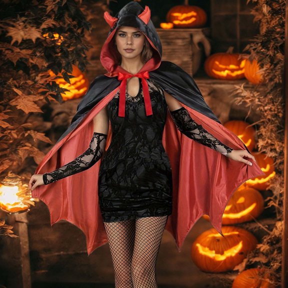 FASHOFT Adult Red Black Hooded Halloween Costumes Cape Cloak Reaper Vampire Pirate Cosplay Prop Masquerade Party Stage Performance Dress Up Halloween Costume One Size