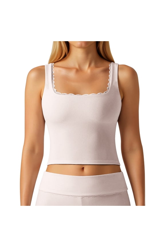Athletic Tank Tops for Women Lace Trim Yoga Workout Fitted Camisole Sleeveless Casual Basic Cami Shirts Beige L