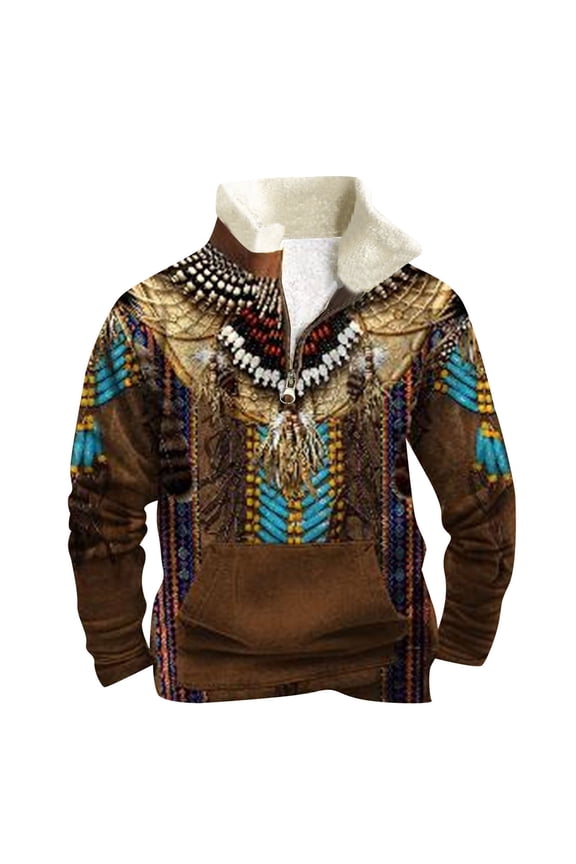 Aztec Cowboy Quarter Zip Pulover Men Long Sleeve Western Shirts Color Block Sweatshirt Comfy Casual Vintage Fall Winter Tops Red XL