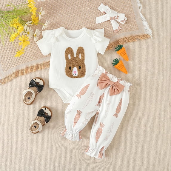 FASHOFT Baby Boy Girl Easter Outfit Short Sleeve Easter Rabbit Embroider Bodysuit Pants and Headbands 3 Piece Summer Outfits Coffee 12-18 Months
