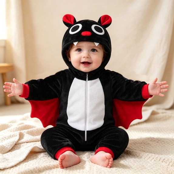 FASHOFT Baby Boy Halloween Outfit Cute Bat Style Zip Up Long Sleeve Romper Cosplay Jumpsuit For Baby Halloween Party Wear Baby Halloween Black 1-3 m