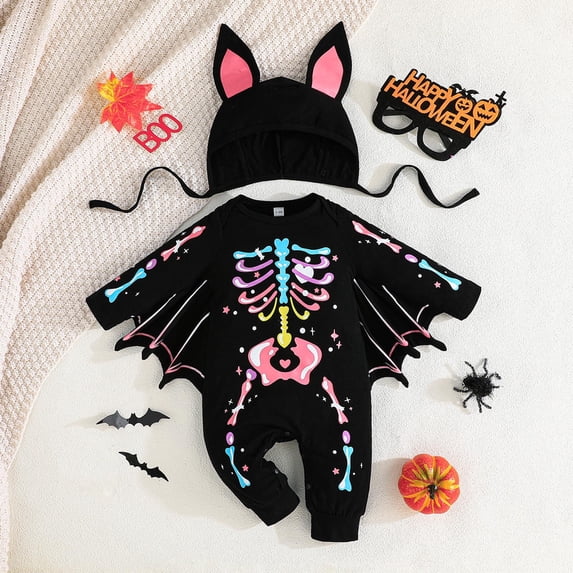 FASHOFT Baby Boy Halloween Outfit Fashion Long Sleeve Skeleton Print Romper Jumpsuit With Hat Set For Holiday Cosplay Party Wear Baby Halloween Pink 9-12 Months