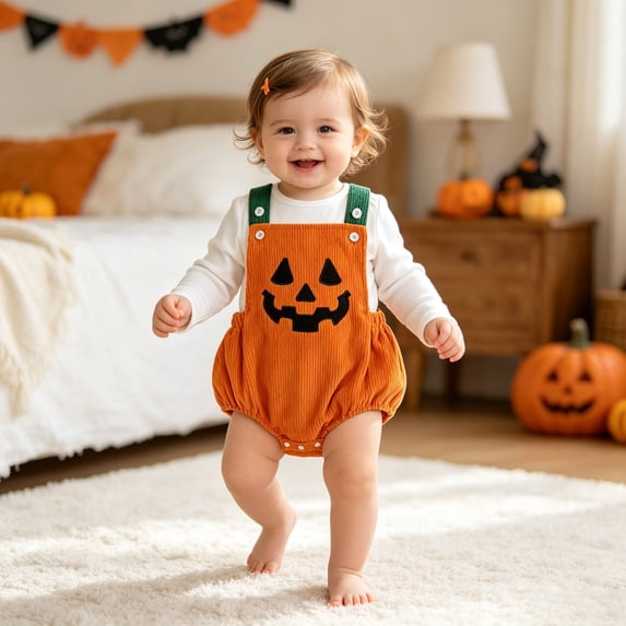FASHOFT Baby Boy Halloween Outfit Pumpkin Shaped Bodysuit Romper Jumpsuit For Baby Halloween Cosplay Party Daily Crawl Wear Halloween Orange 0-3 months