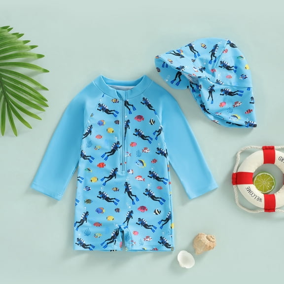 FASHOFT Baby Boy Swimsuit One Piece Cute Zipper Bathing Suit Rash Guard Long Sleeve Swimwear Toddler Kids Sunsuit Blue